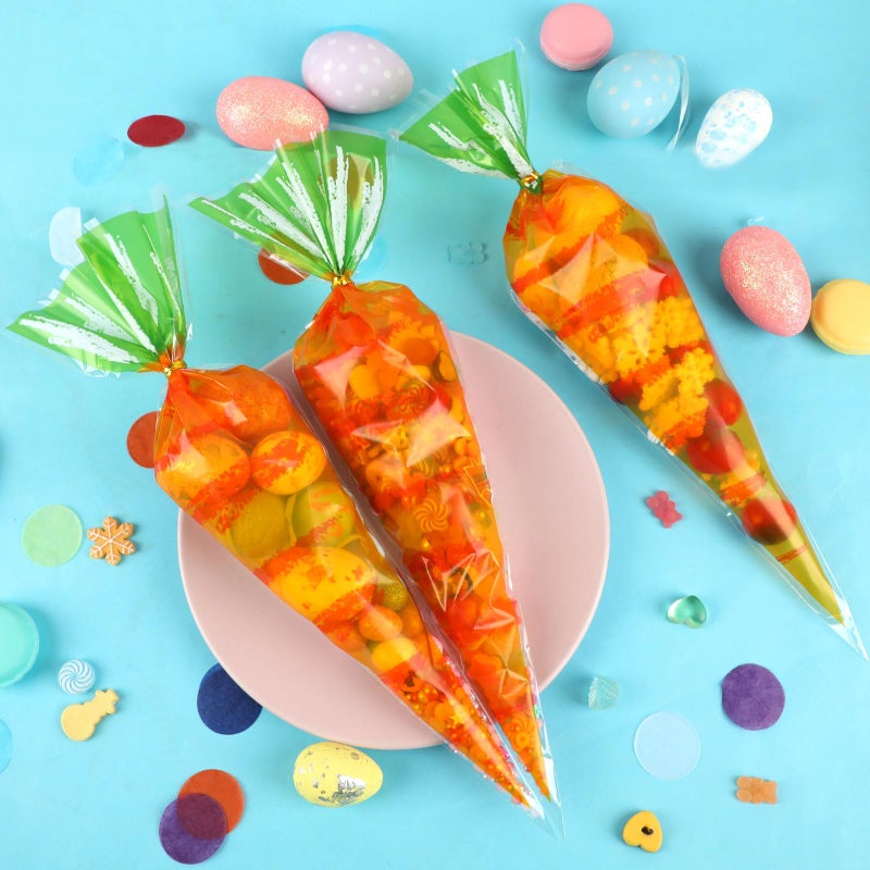 CCINEE 100 Pcs Easter Carrot Shaped Candy Bags Translucent Cone Shaped Treat Bags with Twist Ties for Easter Party Supplies Gift Storage Wedding Home Decor - Image 4