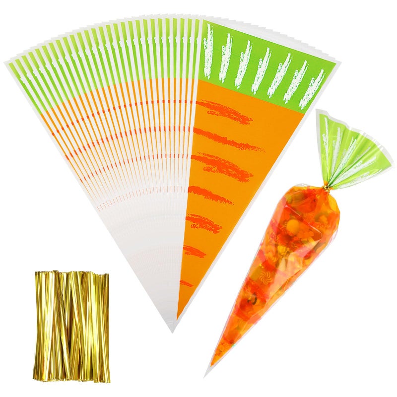 CCINEE 100 Pcs Easter Carrot Shaped Candy Bags Translucent Cone Shaped Treat Bags with Twist Ties for Easter Party Supplies Gift Storage Wedding Home Decor - Image 1
