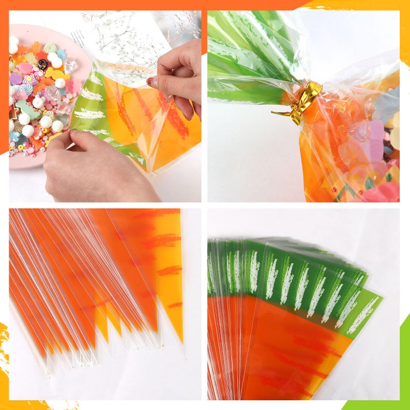 CCINEE 100 Pcs Easter Carrot Shaped Candy Bags Translucent Cone Shaped Treat Bags with Twist Ties for Easter Party Supplies Gift Storage Wedding Home Decor - Image 3
