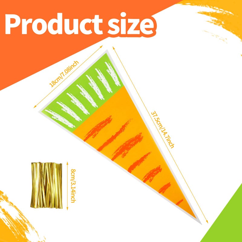 CCINEE 100 Pcs Easter Carrot Shaped Candy Bags Translucent Cone Shaped Treat Bags with Twist Ties for Easter Party Supplies Gift Storage Wedding Home Decor - Image 2