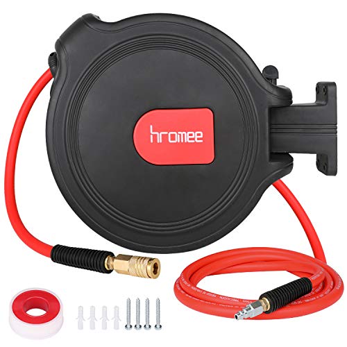Hromee Air Compressor Hose Reel with Automatic Retractable Enclosed 3/8 Inch × 50 Feet Hybrid Pneumatic Hose, Fittings and Swivel Mount Bracket MAX. 300PSI - Image 1