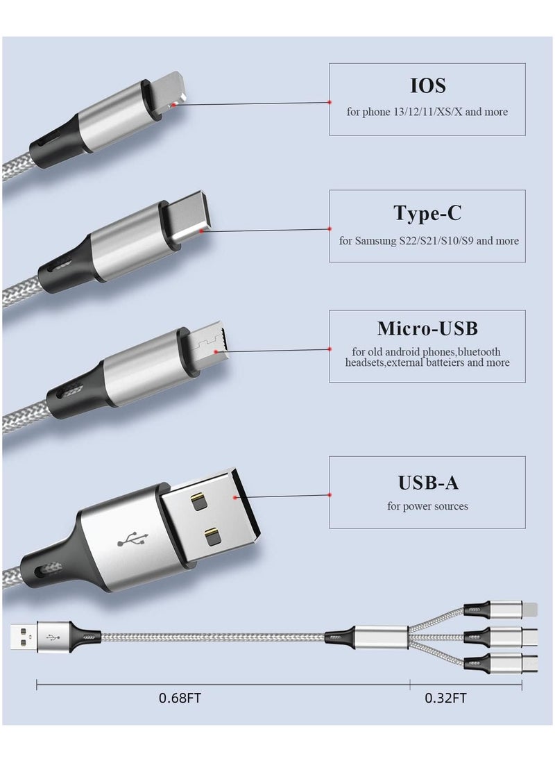 Sprinters - Multi USB Charger Cable, 3 in 1 Nylon Braided Multiple USB Fast Charging Cable Port Connectors Compatible with Cell Phones Tablets Universal Use - 4.1ft (1.25 Meters) - sliver - Image 1