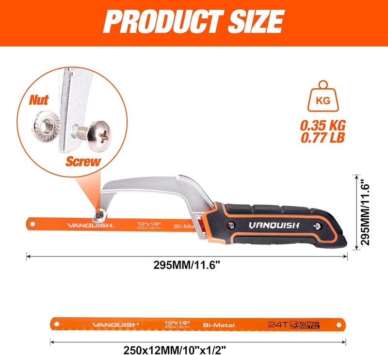 Vanquish Aluminum Frame Mini Wood Hack Saw with 2 Piece Extra Flexible Bi-Metal HSS Blades Cutter Hand Hacksaw for Woodworking and Metal NW4851 - Image 2