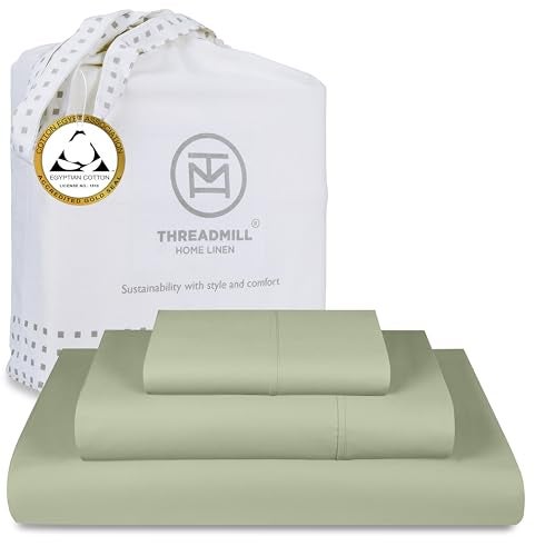 Threadmill Egyptian Cotton Twin Sheet Set  100 Certified Egyptian Cotton Sheets for Twin Size Bed  Sateen Twin Bed Sheets Set Deep Pocket  Soft Breathable 3Piece Cooling Sheet Set  Sage Green