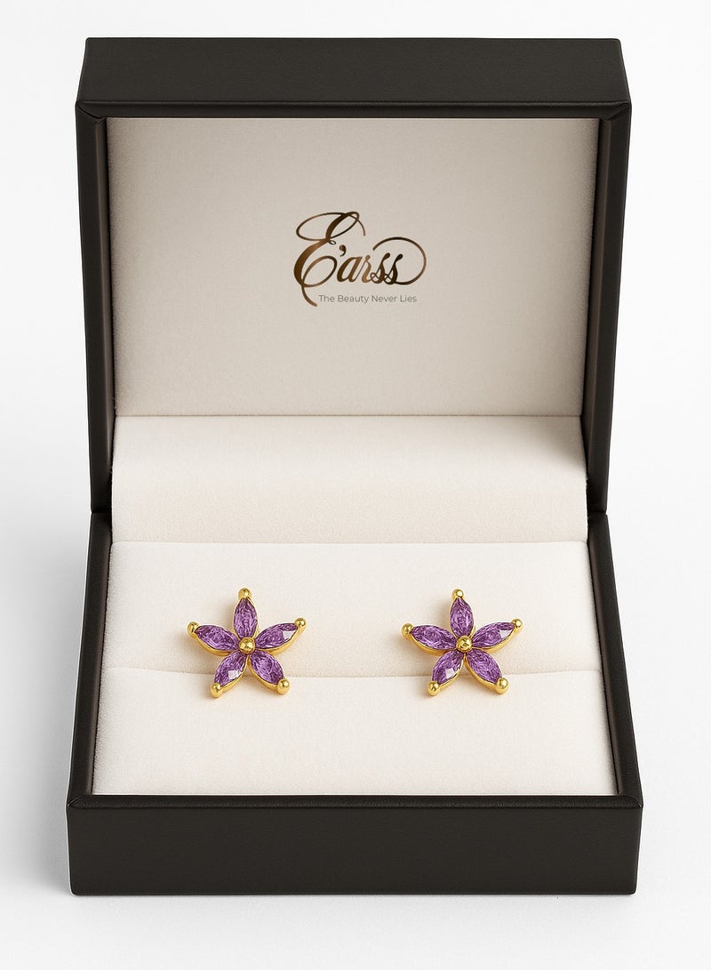 Earss زهرة أميثيست من زيركونيا مكعبة ذهبية | فولاذ مقاوم للصدأ | مطلي بالذهب عيار 18 - Image 1