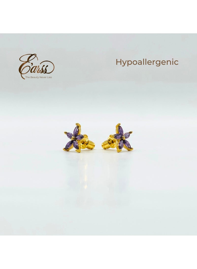 Earss زهرة أميثيست من زيركونيا مكعبة ذهبية | فولاذ مقاوم للصدأ | مطلي بالذهب عيار 18 - Image 4