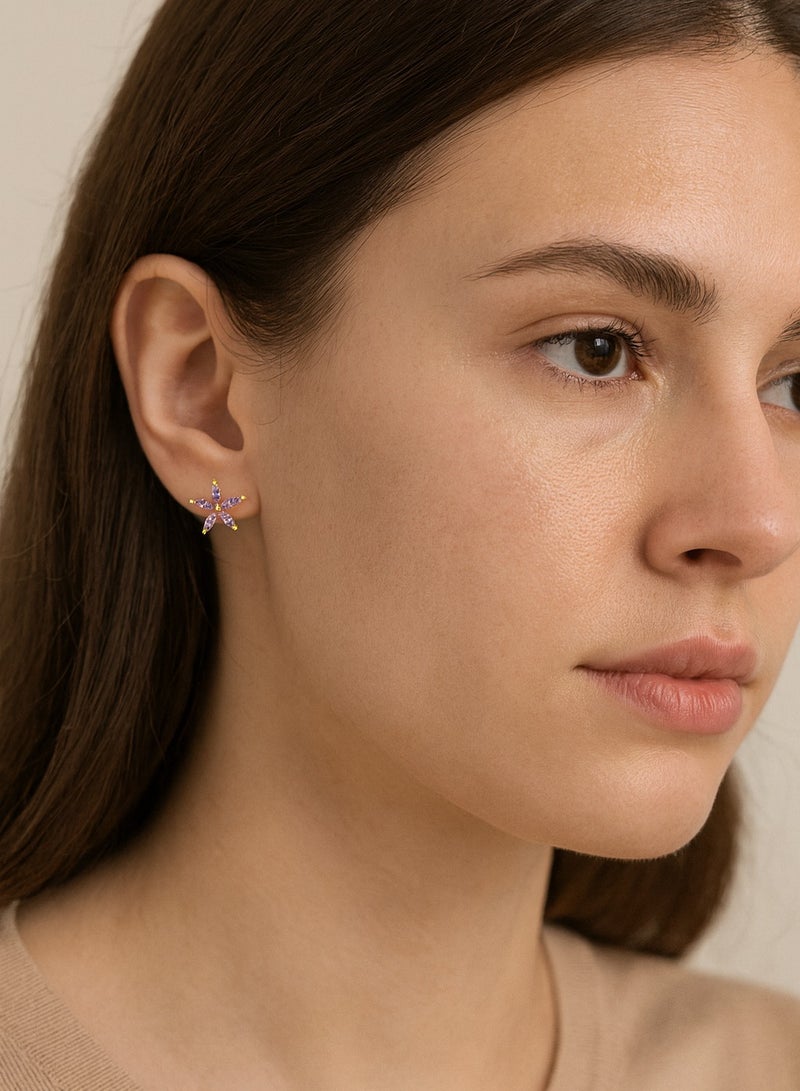 Earss زهرة أميثيست من زيركونيا مكعبة ذهبية | فولاذ مقاوم للصدأ | مطلي بالذهب عيار 18 - Image 3