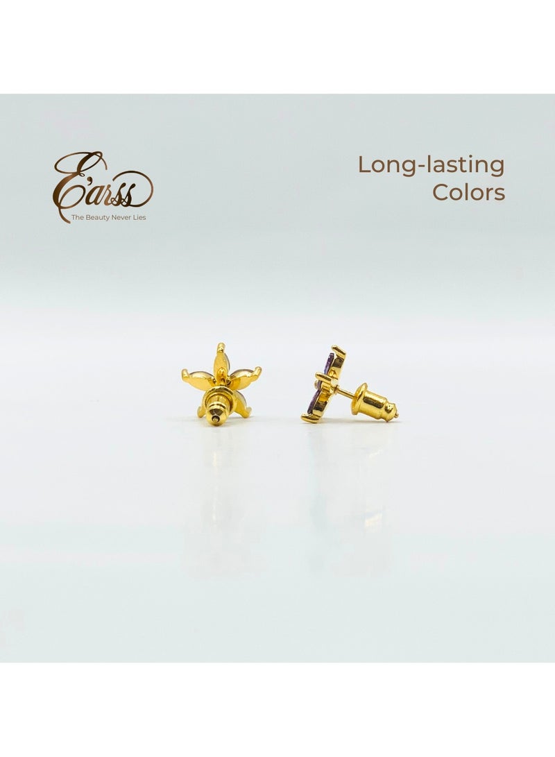 Earss زهرة أميثيست من زيركونيا مكعبة ذهبية | فولاذ مقاوم للصدأ | مطلي بالذهب عيار 18 - Image 5