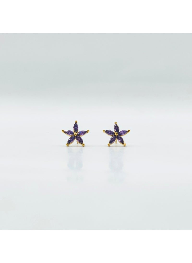 Earss Amethyst Flower Cubic Zirconia Gold | Stainless Steel | 18K Gold Plated  - Image 1
