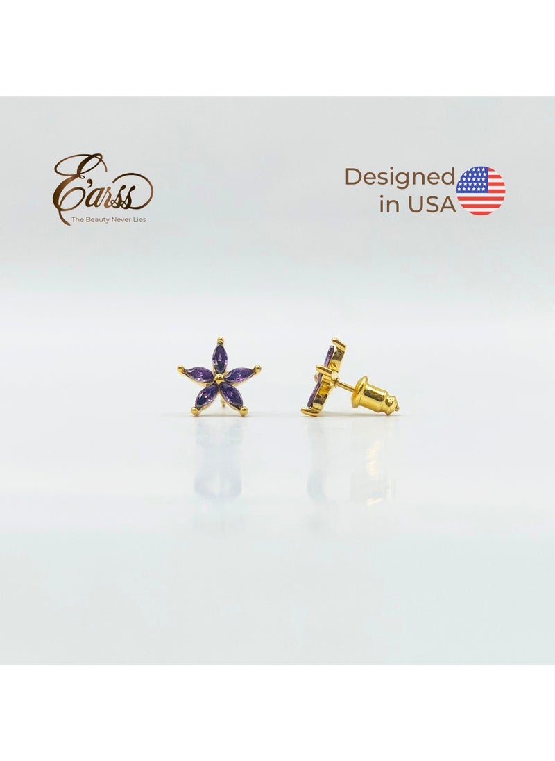 Earss Amethyst Flower Cubic Zirconia Gold | Stainless Steel | 18K Gold Plated  - Image 2