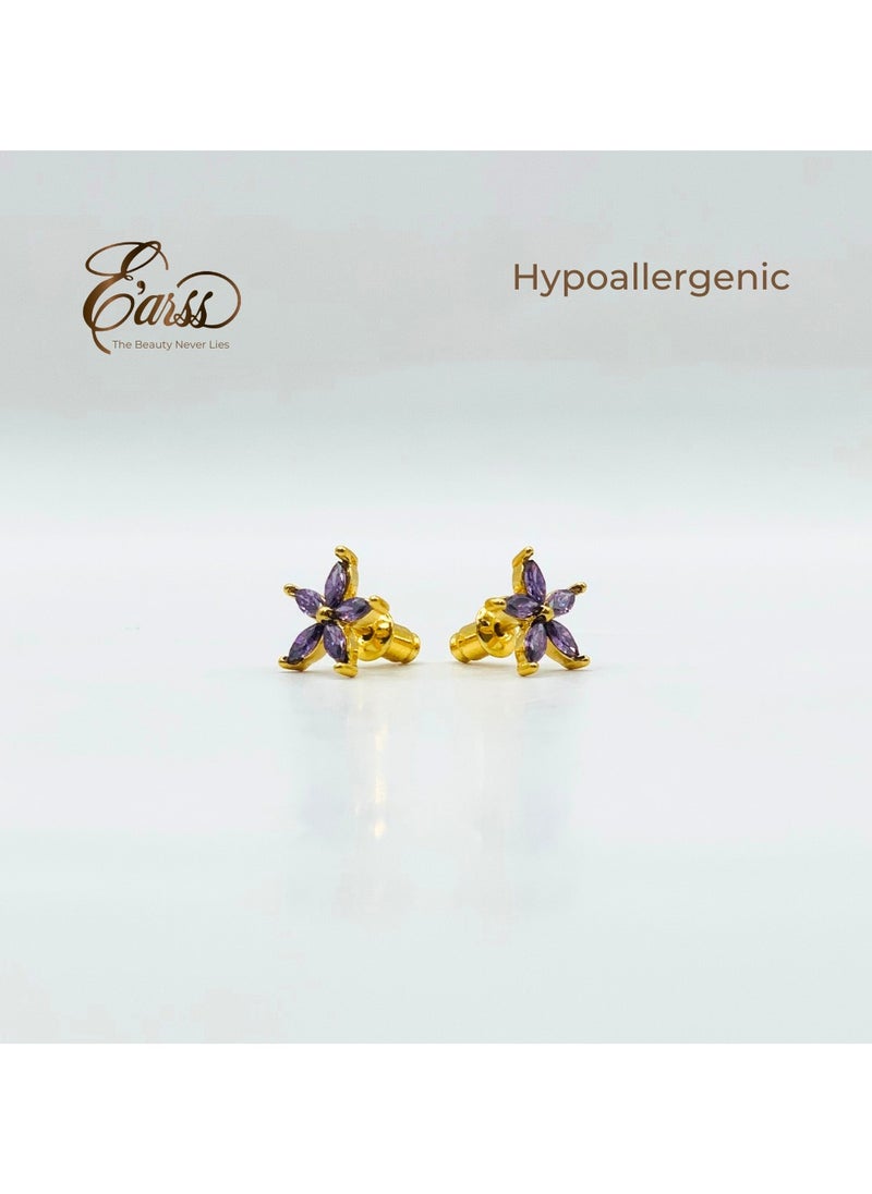 Earss Amethyst Flower Cubic Zirconia Gold | Stainless Steel | 18K Gold Plated  - Image 3