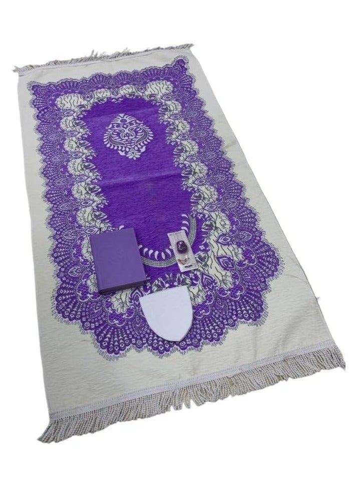 عام سجادة صلاة كبيرة ناعمة جودة عالية مريحة جدا و شكل عصري مع سبحة عداد و مصحف ملون مقاس وسط لون موف و طكيه ابيض - Image 2