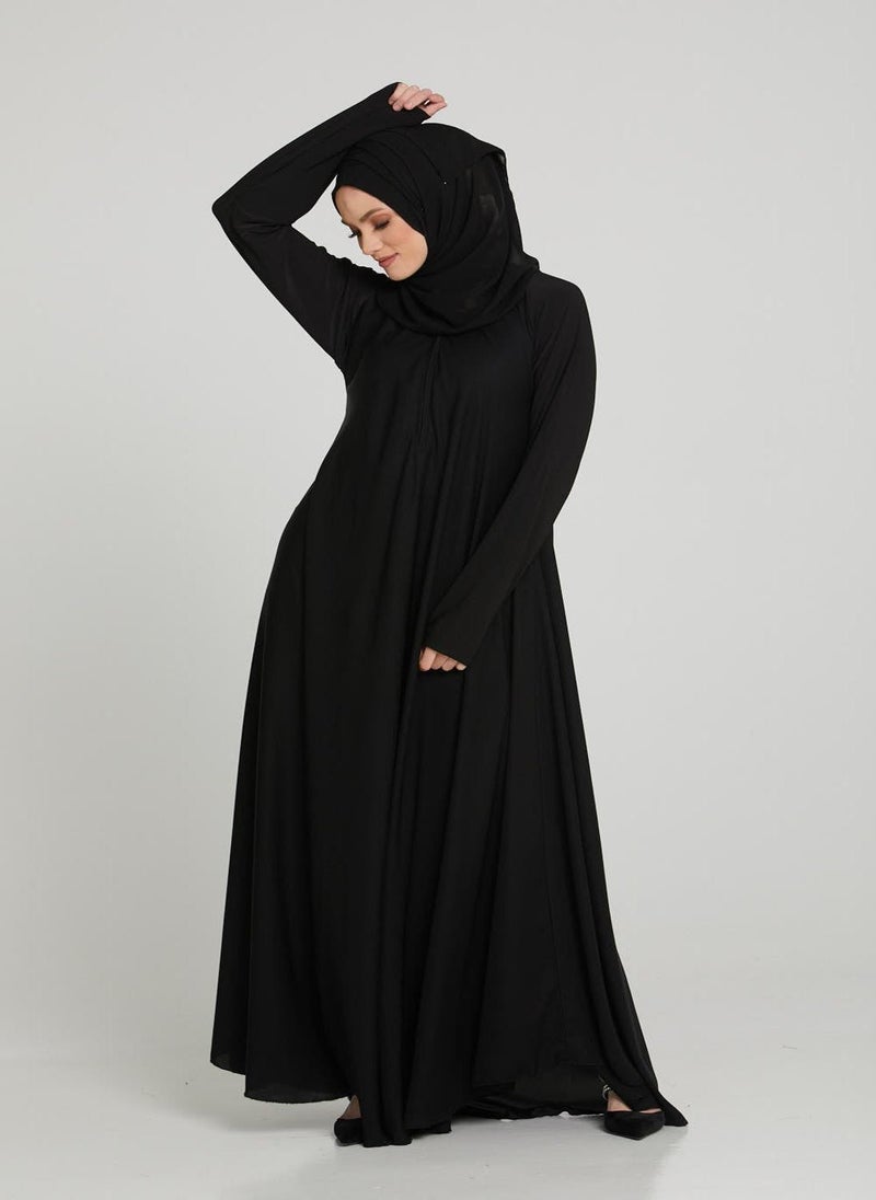 NUKHBAA Elegant Black plain abaya wityh belt and Hijab-AB89  - Image 2