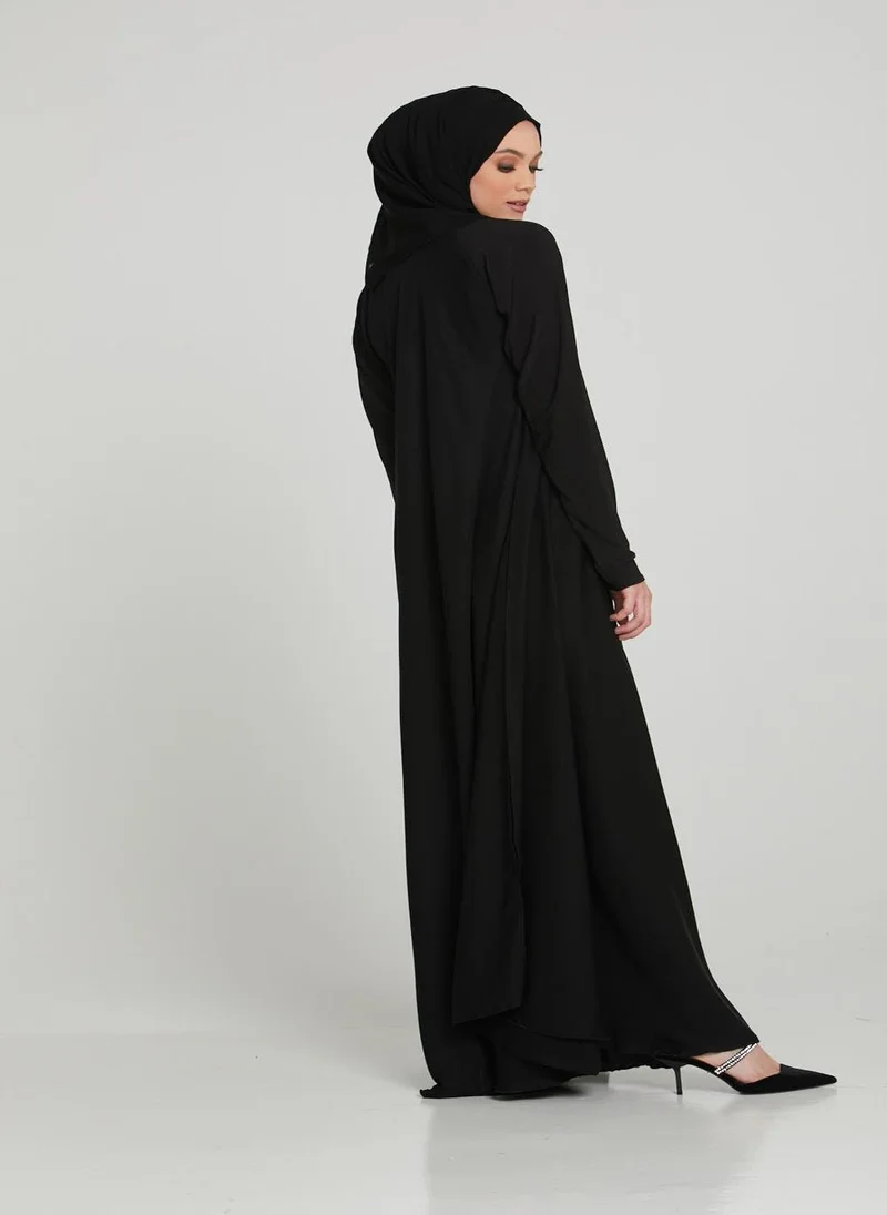NUKHBAA Elegant Black plain abaya wityh belt and Hijab-AB89