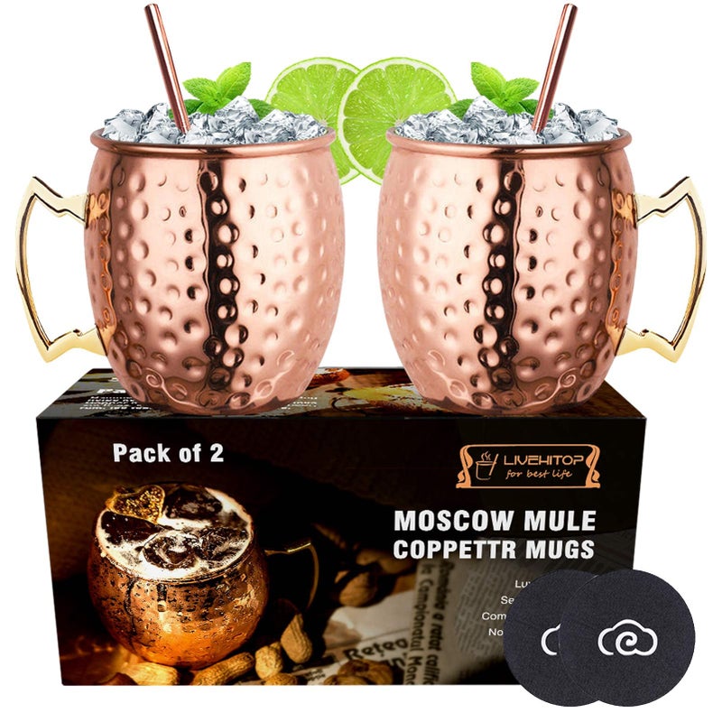 LIVEHITOP Moscow Mule Copper Mugs Set of 2 Copper Cups 195 Oz Cocktail Kit with Straw Coaster for Wine Beer Cold Drink Bar Party Gifts