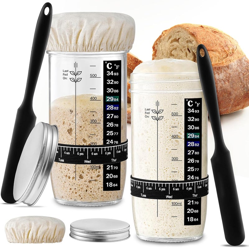 Mfacoy Glass Sourdough Starter Jar 2 Pack, 24 oz Wide Mouth Organic Sourdough Starter Kit with Date Marked Band, Thermometer, Cloth Cover & Metal Lid, Reusable Bread Baking Supplies, Bread Making Accessories - Image 1