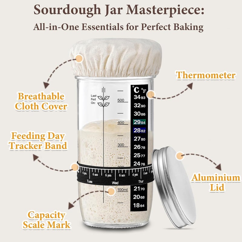 Mfacoy Glass Sourdough Starter Jar 2 Pack, 24 oz Wide Mouth Organic Sourdough Starter Kit with Date Marked Band, Thermometer, Cloth Cover & Metal Lid, Reusable Bread Baking Supplies, Bread Making Accessories - Image 2