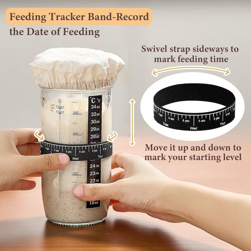 Mfacoy Glass Sourdough Starter Jar 2 Pack, 24 oz Wide Mouth Organic Sourdough Starter Kit with Date Marked Band, Thermometer, Cloth Cover & Metal Lid, Reusable Bread Baking Supplies, Bread Making Accessories - Image 3