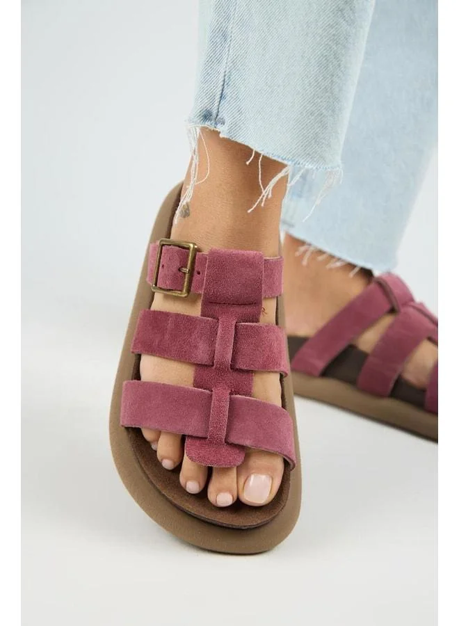 (Hicks) Women's Genuine Leather Buckle Strap Cherry Slippers.
