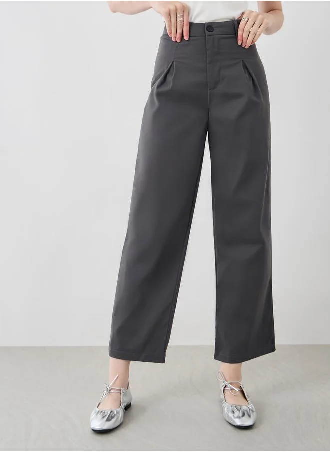 تايك تو Take Two Women Grey Solid Cropped Wide Leg Pants with Belt Loops