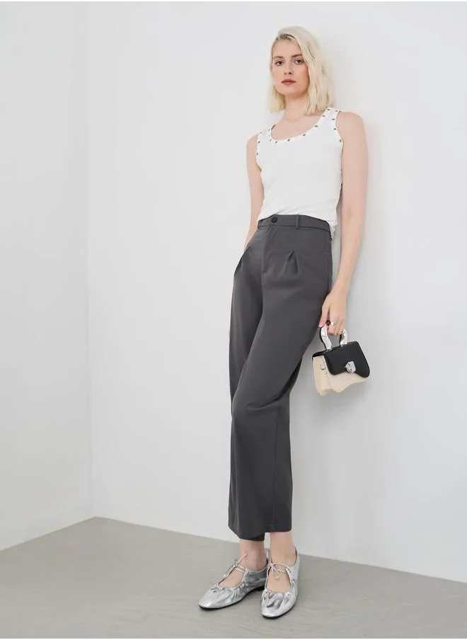 تايك تو Take Two Women Grey Solid Cropped Wide Leg Pants with Belt Loops