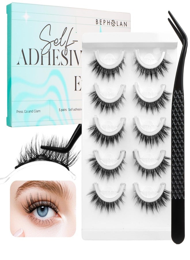 Bepholan Self Adhesive Eyelashes Natural Look,Pre Glued No Glue Needed Reusable Press On Lashes False Eyelashes Wispy with Tweezer of Replacement Adhesive Strips 8-14mm 5 Pairs(CVJ205) - Image 1