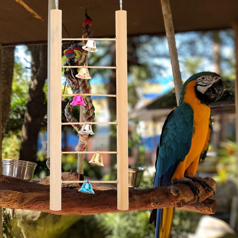 GALPADA Wooden Bird Climbing Step Ladder with Bells 25cm Hanging Parrot and Budgie Step Ladder for Cage Climbing Activity and Play - Image 4