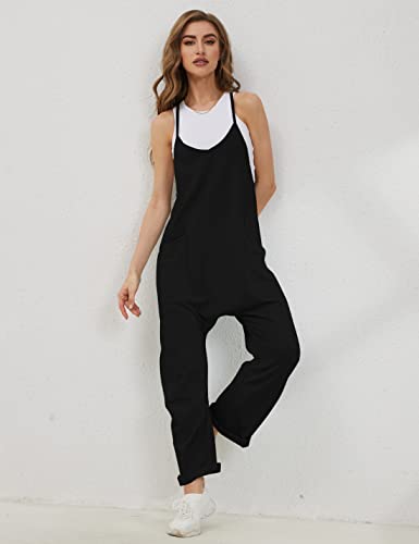 Lentta Women's Causal Jumpsuits V Neck Sleeveless Harem Overalls Stretchy Adjustable Strap Romper with Pockets(Black-XL) - Image 3
