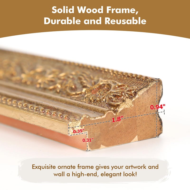 FOLKOR Solid Wood Canvas Frame for 8x8 Oil Paintings  1.8"" Wide Victorian Ornate Frame  Vertical or Horizontal Display for Home Office Wall Decor  No Back & Cover (Gold) - Image 4