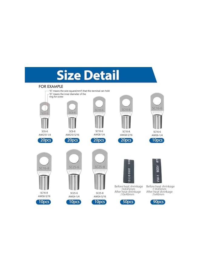 PROMASS promass Wire Terminals Crimping Tool, Copper Wire Lugs, Terminal Connectors, Heat Shrink Set, Bare Copper Eyelets, Ring Terminals Connectors(261Pcs)  - Image 2
