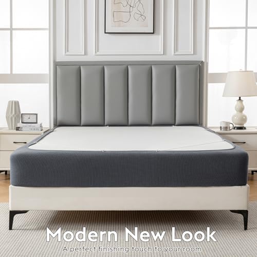 MIYE Jacquard Fabric Box Spring CoverSuper Stretchy Wrap Around 4 Sides Elastic Bed SkirtWrinkle Fading ResistantWashable Easy Fit Dark Grey King - Image 3