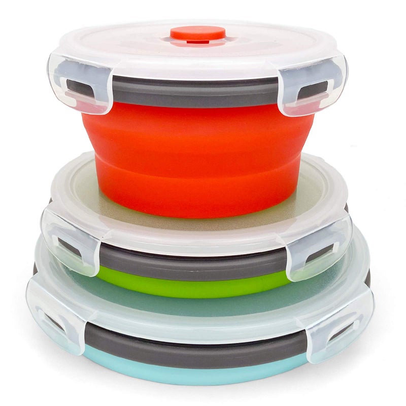 CARTINTS Round Collapsible Bowls with Lids  Reusable Silicone Food Storage Containers  3Pack 500-800-1200ML  Stackable Space Saving  Microwave and Freezer Safe  Meal Prep Container - Image 1