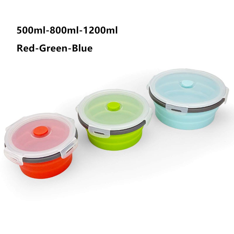 CARTINTS Round Collapsible Bowls with Lids  Reusable Silicone Food Storage Containers  3Pack 500-800-1200ML  Stackable Space Saving  Microwave and Freezer Safe  Meal Prep Container - Image 3