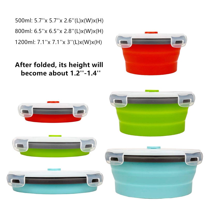 CARTINTS Round Collapsible Bowls with Lids  Reusable Silicone Food Storage Containers  3Pack 500-800-1200ML  Stackable Space Saving  Microwave and Freezer Safe  Meal Prep Container - Image 5
