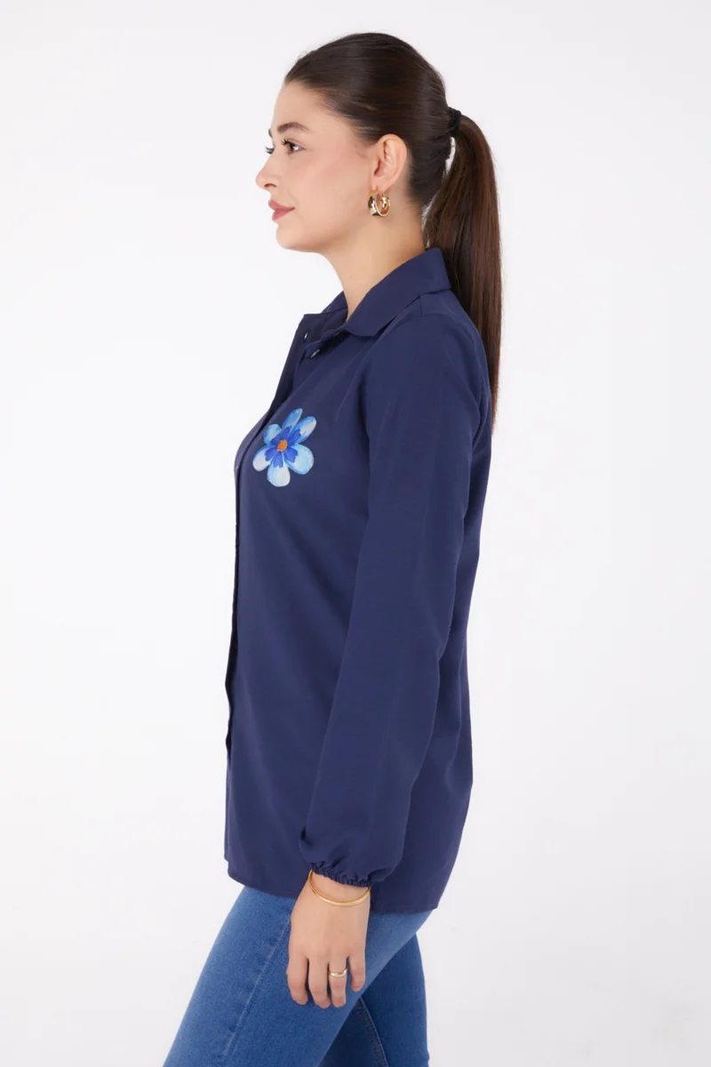 Tofisa Plain Shirt Collar Women's Navy Blue Printed Shirt - 13338
