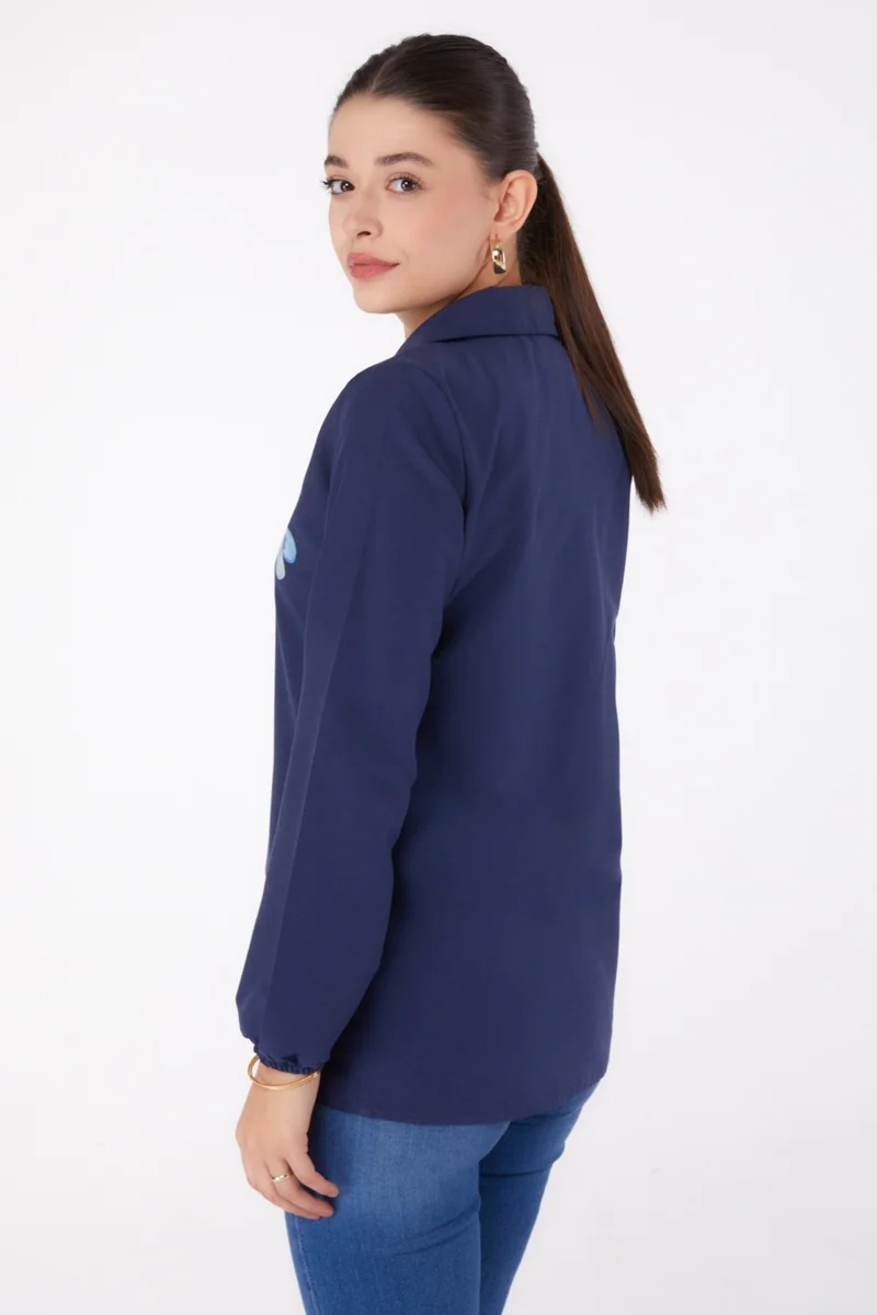 Tofisa Plain Shirt Collar Women's Navy Blue Printed Shirt - 13338
