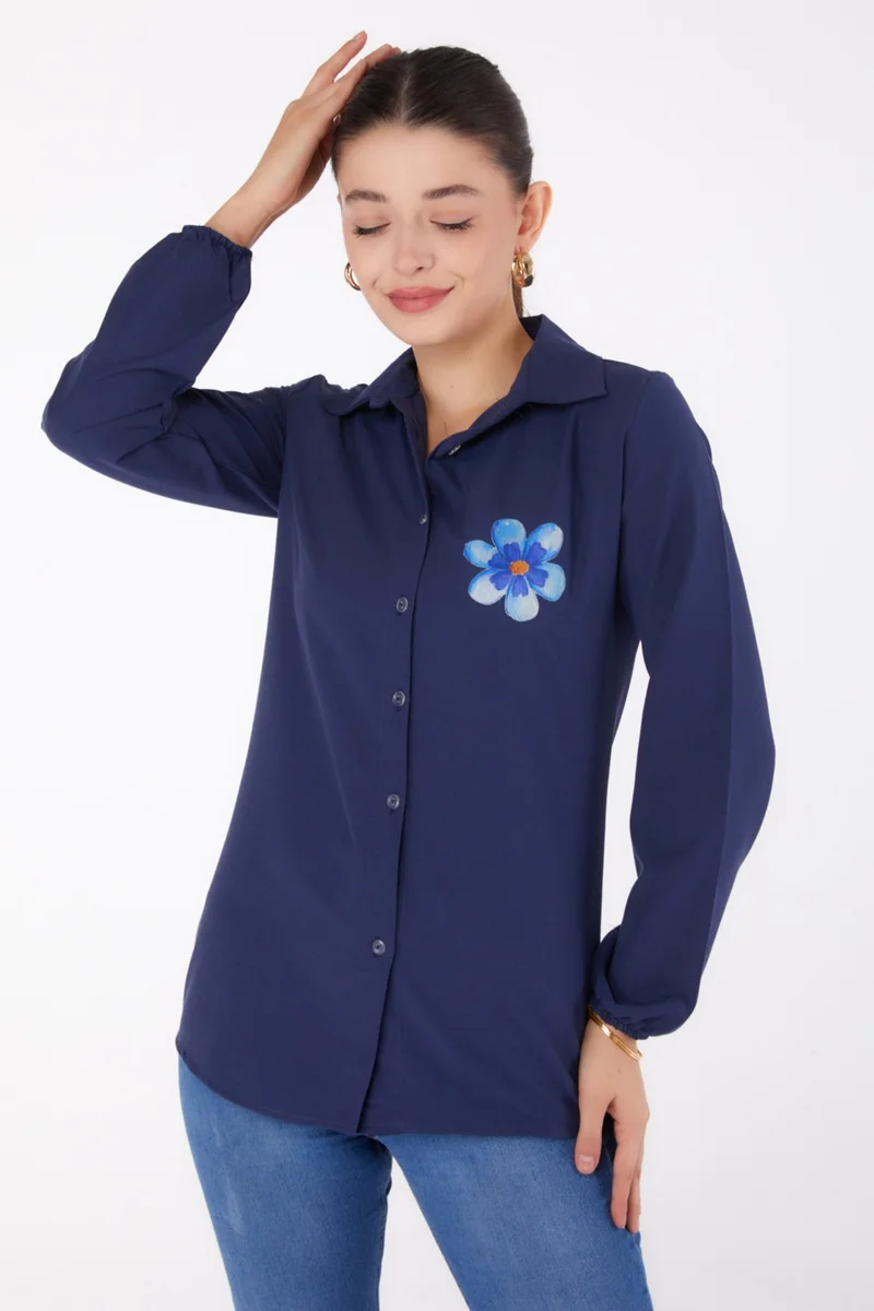 Tofisa Plain Shirt Collar Women's Navy Blue Printed Shirt - 13338