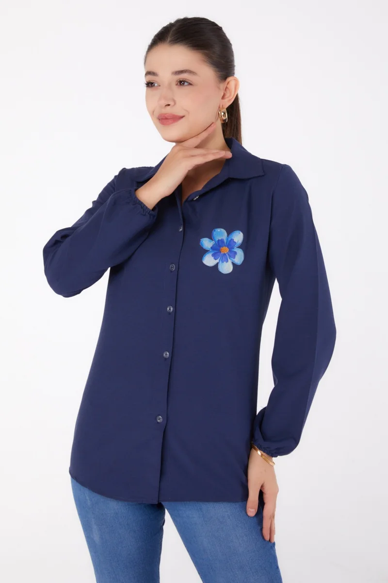 Tofisa Plain Shirt Collar Women's Navy Blue Printed Shirt - 13338