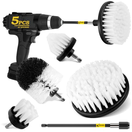 Holikme 5Pack Drill Brush Attachment Set-Car Interior Detailing Kit，Power Scrubber Brush Extended Long Attachment for Bathroom, Car，Shower，Carpet,Boat,Kitchen，Floor and Tile，White - Image 1