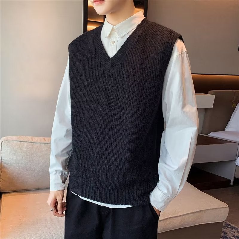 Solid Color V-neck Vest Vest Sweater Mens 2024 New Autumn New Loose Knitted Waistcoat Casual Trendy Black - Image 4