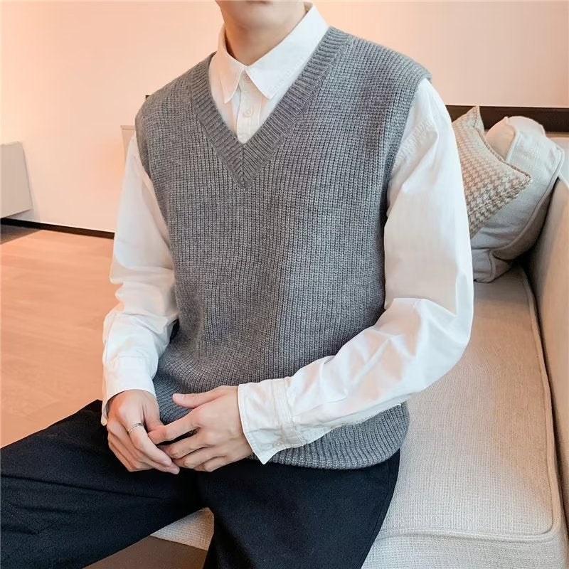 Solid Color V-neck Vest Vest Sweater Mens 2024 New Autumn New Loose Knitted Waistcoat Casual Trendy Black - Image 3