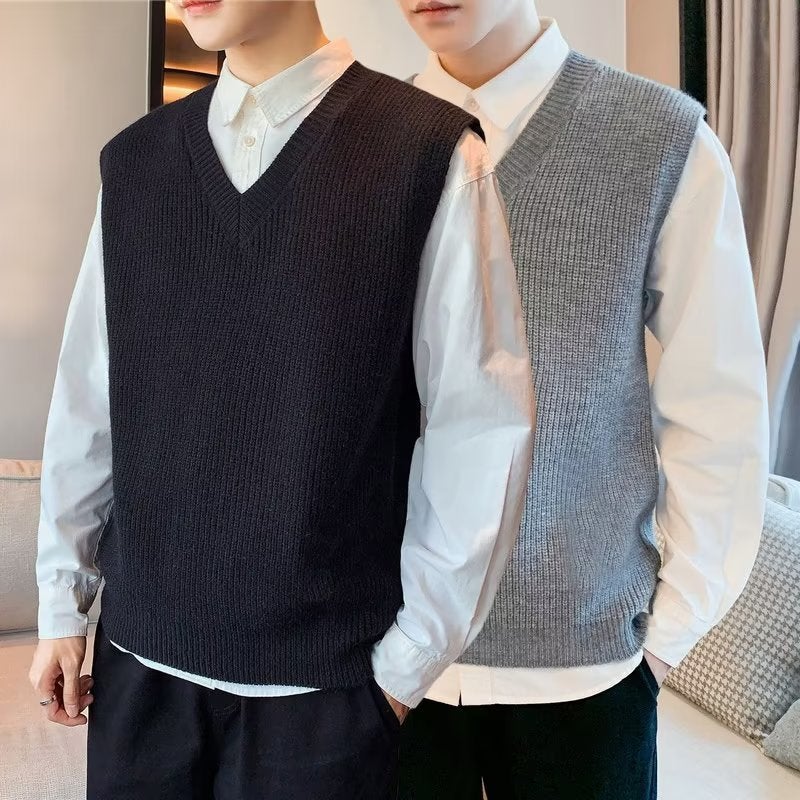 Solid Color V-neck Vest Vest Sweater Mens 2024 New Autumn New Loose Knitted Waistcoat Casual Trendy Black - Image 1
