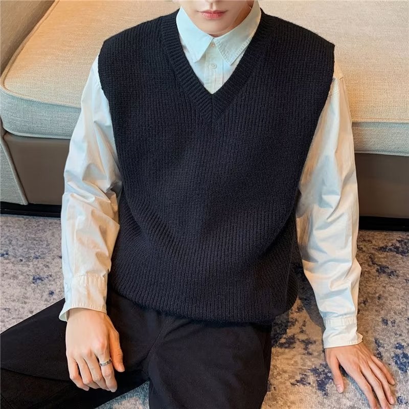 Solid Color V-neck Vest Vest Sweater Mens 2024 New Autumn New Loose Knitted Waistcoat Casual Trendy Black - Image 2