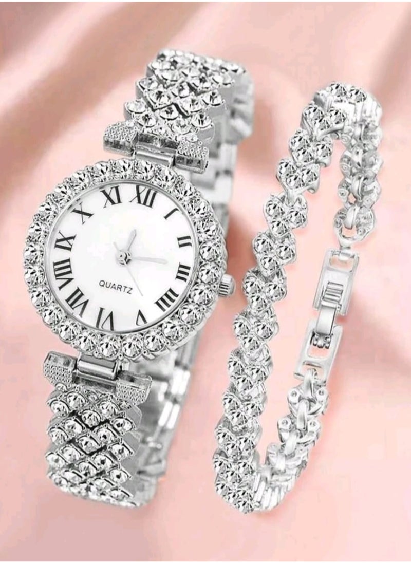 Shein 1 piece Women Silver Dial Quartz Watch with Stainless Steel Strap Glamorous Rhinestone Decor Roman Numeral Scale  - Image 1