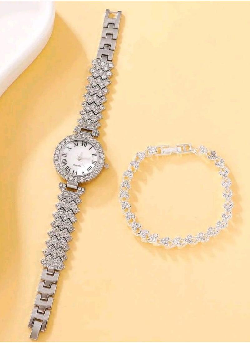 Shein 1 piece Women Silver Dial Quartz Watch with Stainless Steel Strap Glamorous Rhinestone Decor Roman Numeral Scale  - Image 3