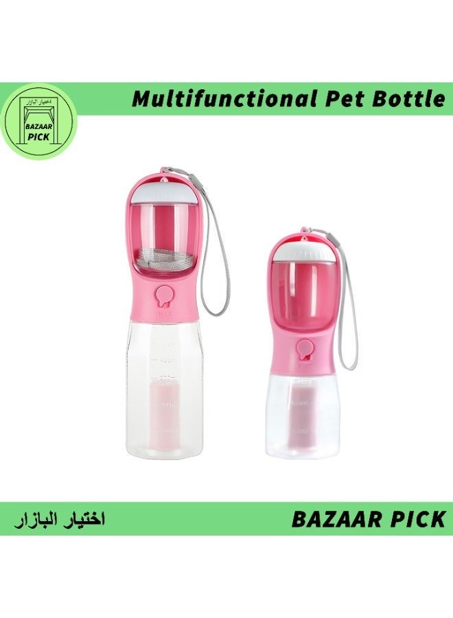 زجاجة تغذية للحيوانات الأليفة للقطط والكلاب، مياه وطعام وكيس نفايات، تخزين محمول للسفر، 3 في 1 وردي 300 مل - Image 1