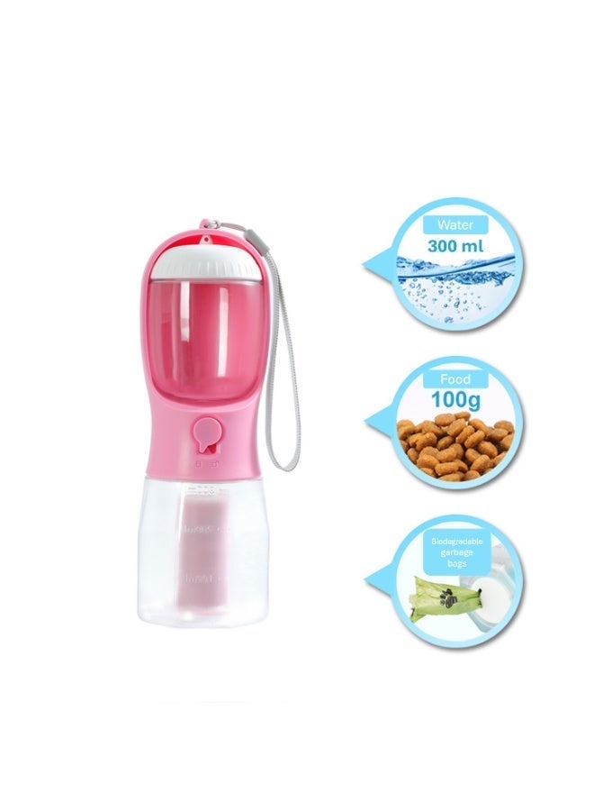 زجاجة تغذية للحيوانات الأليفة للقطط والكلاب، مياه وطعام وكيس نفايات، تخزين محمول للسفر، 3 في 1 وردي 300 مل - Image 2