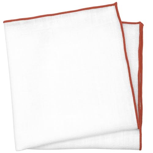 BELLUNO White Pocket Square with Embroidered Rust Color Edge - Image 1