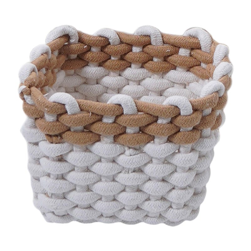 Brown White Woven Basket Desktop Organizer For Toys Cosmetics Living Room Closet - Image 2