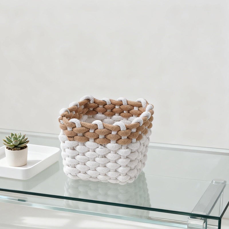 Brown White Woven Basket Desktop Organizer For Toys Cosmetics Living Room Closet - Image 3